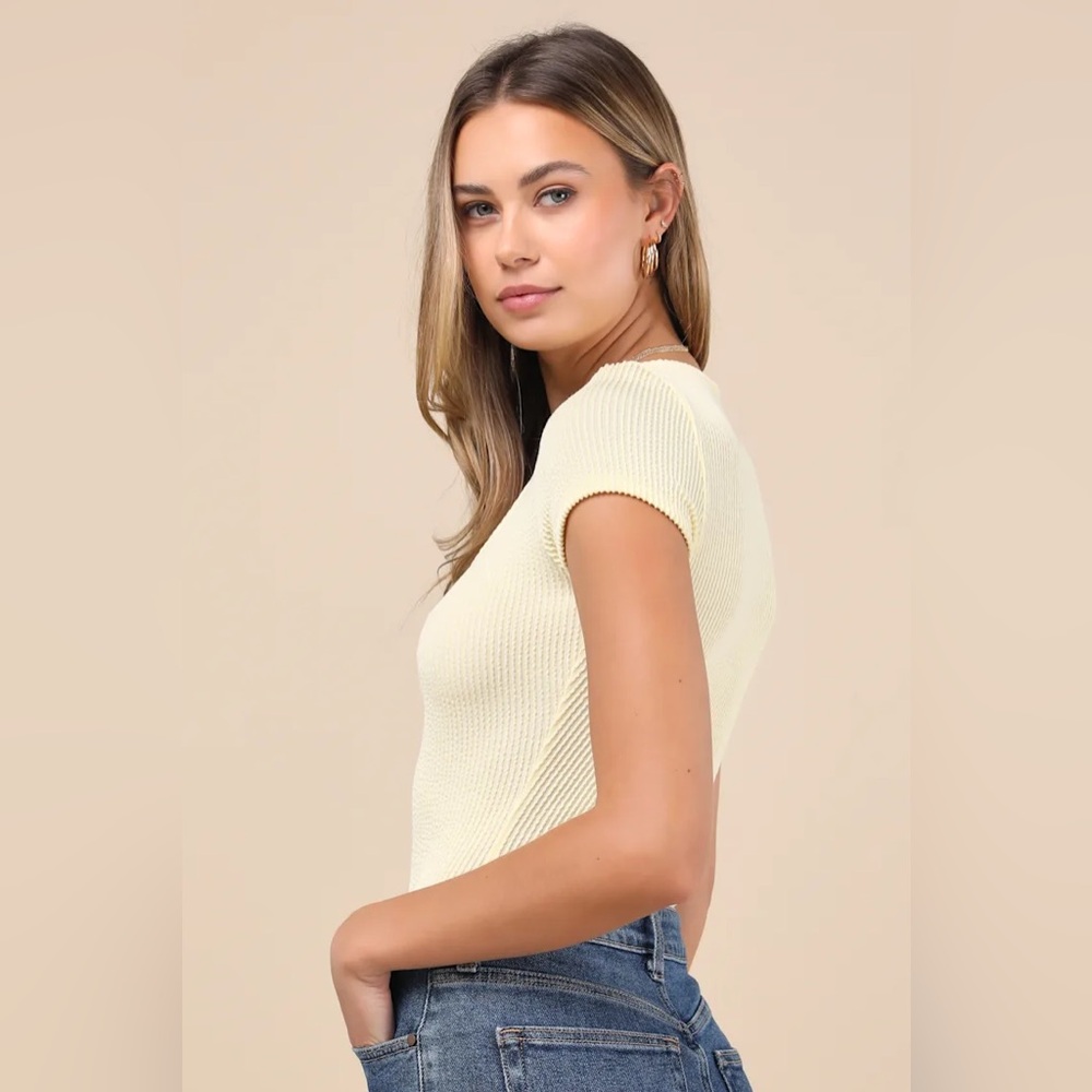 Lulus Textured Ribbed Ruched Bodysuit - Banana - Picture 2 of 7